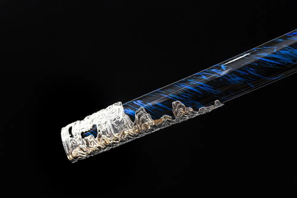 Bottom deep‑blue flow‑grain saya black‑gold aged‑alloy kojiri end‑cap close‑up long katana