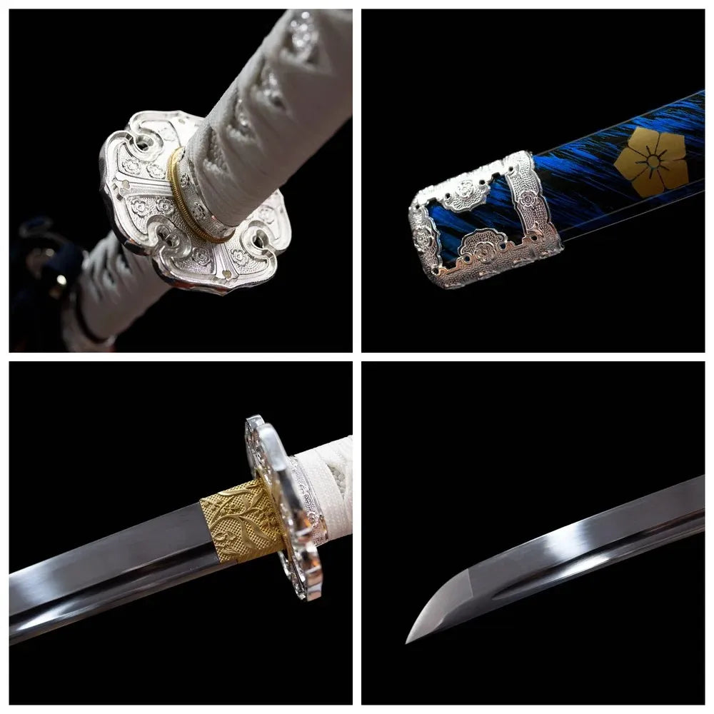 Four‑grid collage silver‑toned floral‑mon alloy tsuba, white ito tsuka, deep‑blue gold‑mon saya, polished tachi blade close‑up details