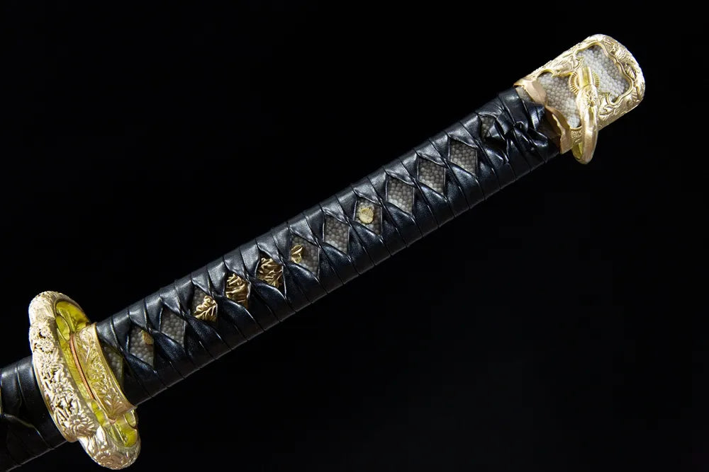 Full long tsuka front view genuine white bumpy ray skin black leather wrap hollow gilded fuchi kashira