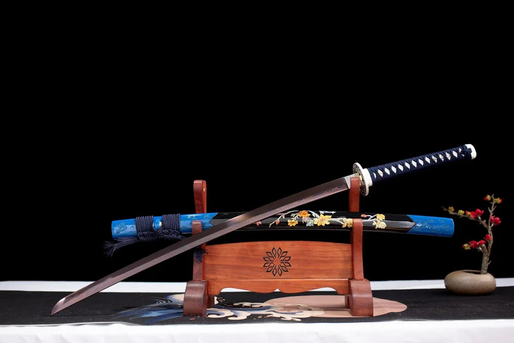 Slanted upright drawn Blood‑Plum‑Katana ume‑blossom themed katana wooden shelf front perspective