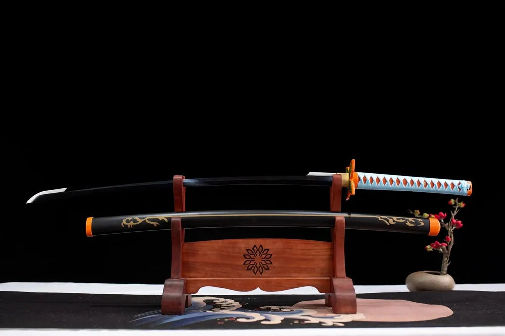 Flat fully‑drawn slim 1060 steel Kochou Shinobu nichirin blade wood rack shot