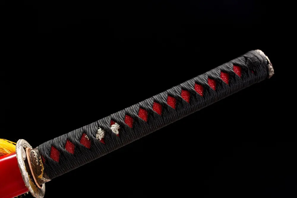 Full black woven red ray inner tsuka silver dragon fittings front shot