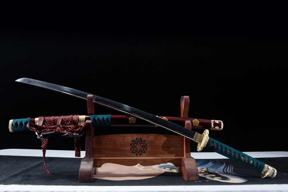 45° unsheathed front view extra long traditional tachi sharp mirror polished cutting edge
