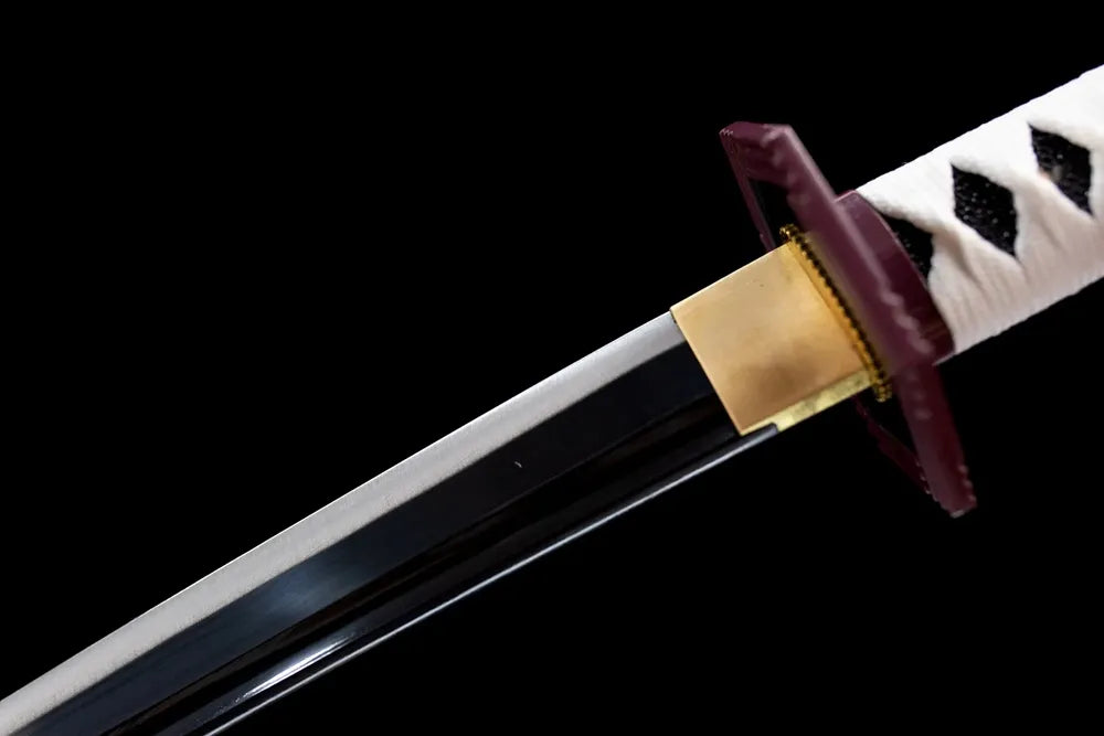 Upper single‑hi 1060 steel blade copper habaki macro close‑up, demon slayer kanji engraving
