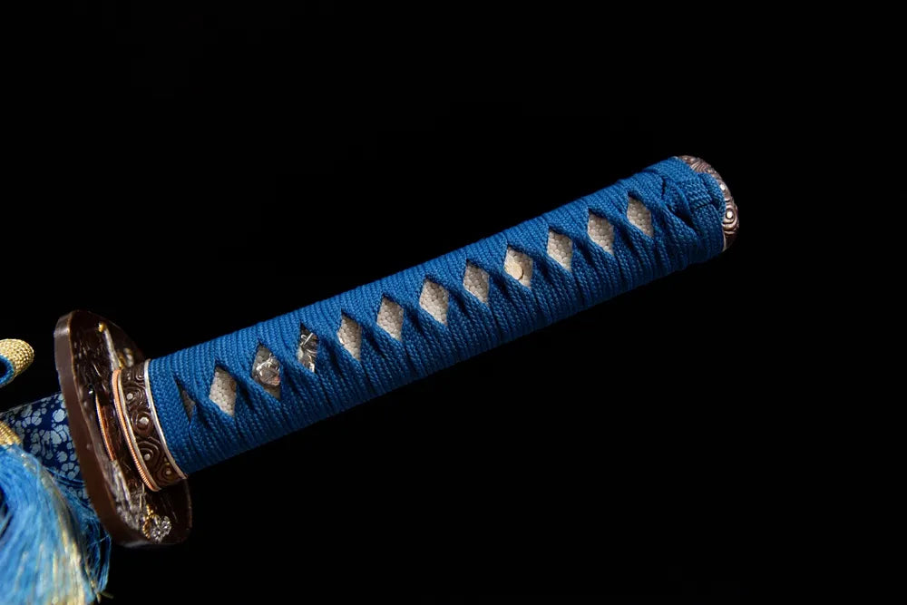 Full blue moro wrap tsuka front view
