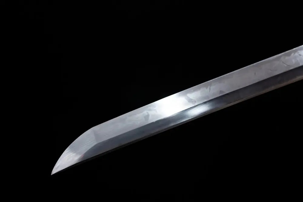 Classic functional katana‑style kissaki tip of Blue‑Peafowl‑Katana blade close‑up view
