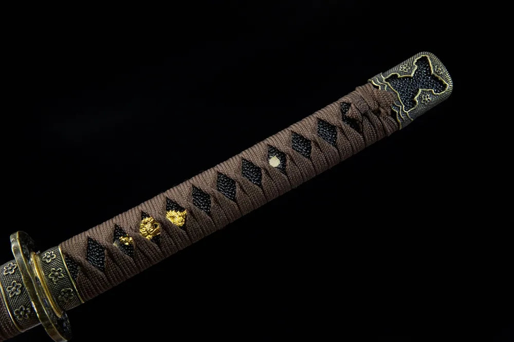 Full long tsuka front view brown bump samekawa antique bronze floral fuchi kashira