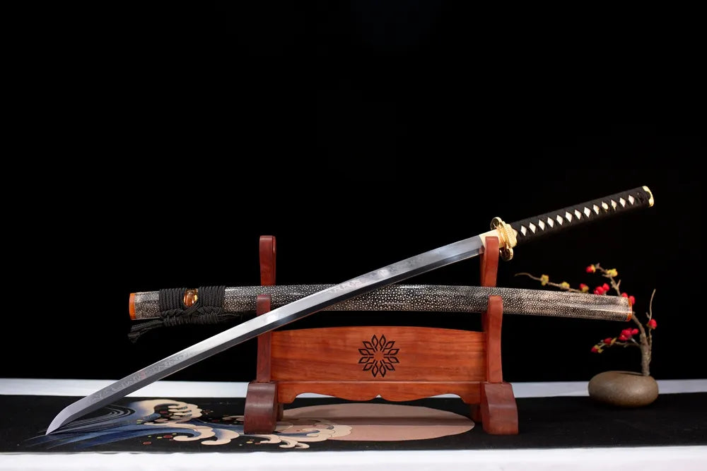 Slanted upright drawn Night‑Elf‑Katana dark‑fantasy‑elven‑realm katana wooden shelf front perspective