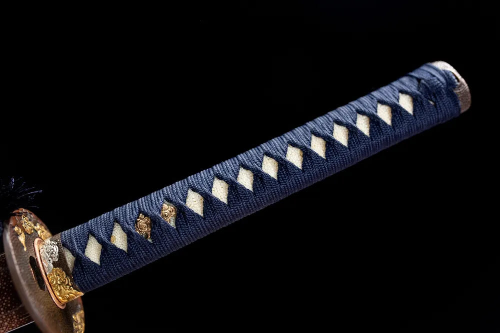 Full dark blue woven tsuka golden lion fittings front shot