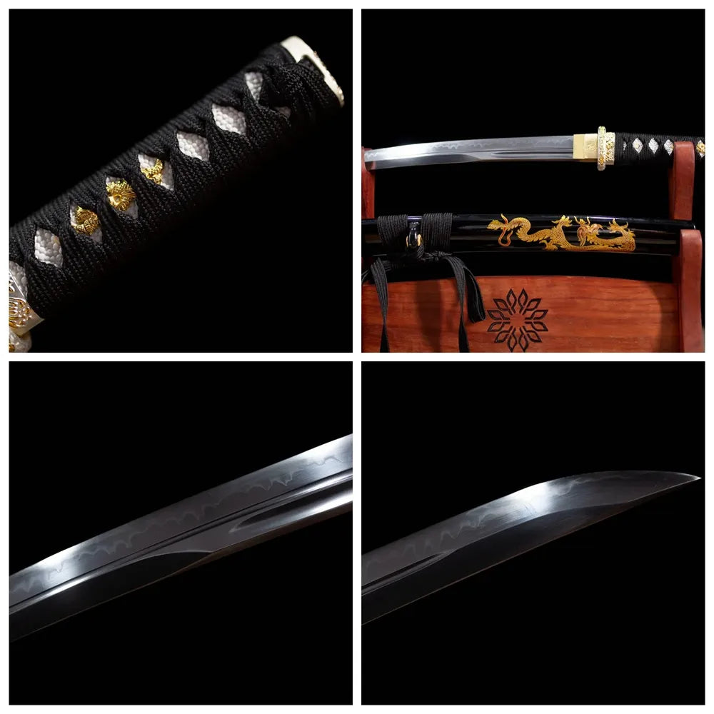 Four‑grid collage gilded floral‑carved alloy tsuba, black ito tsuka, black‑lacquer golden‑dragon‑print saya, wavy‑hamon blade close‑up details