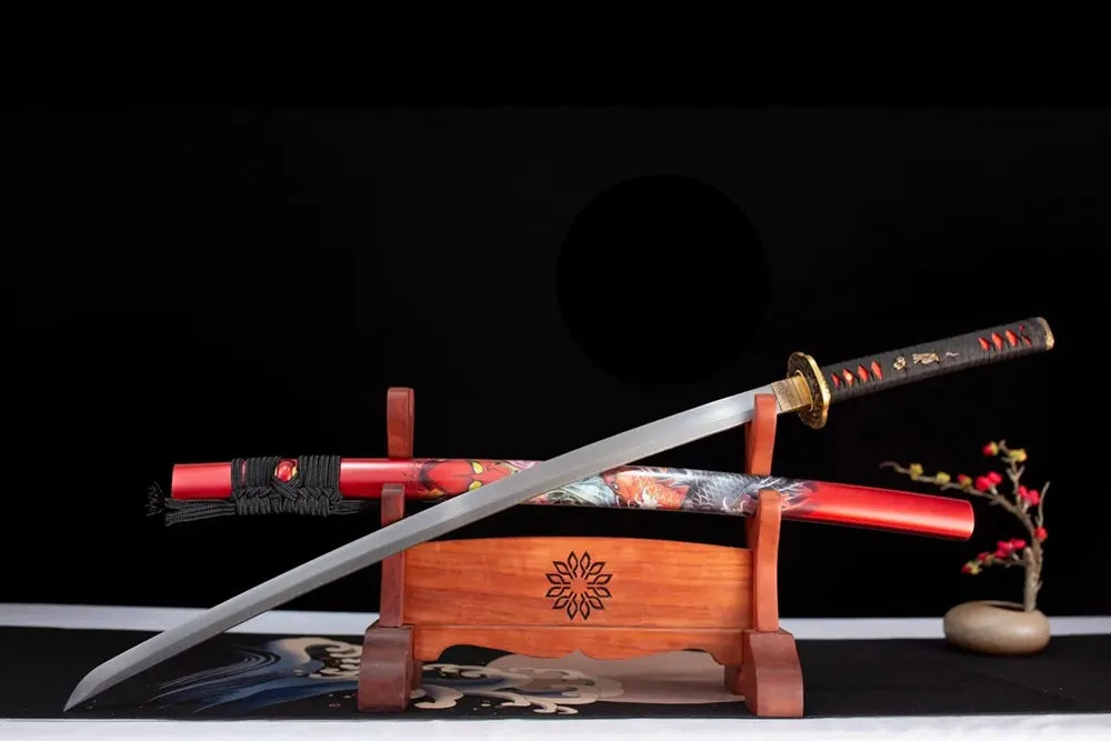 Slanted upright drawn Prajna‑Katana prajna‑hannya‑myth‑art katana wooden shelf front perspective