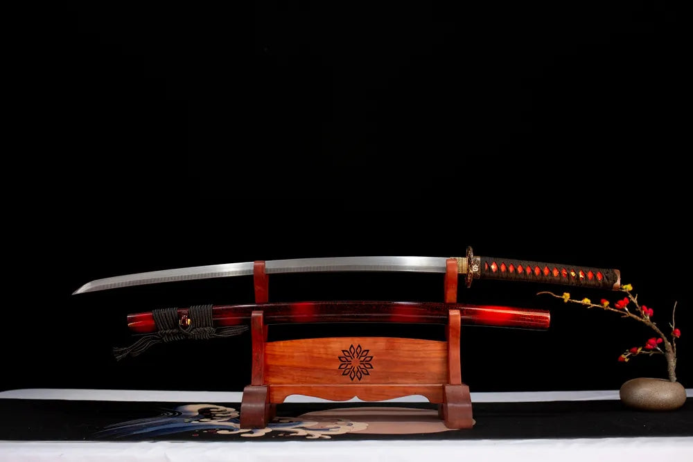 Flat fully‑drawn damascus fold‑forged oil‑quenched natural‑fold‑hamon Supreme‑Katana blade wooden rack front shot
