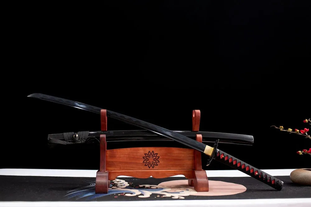 45° angle open full‑size black Tensa Zangetsu anime katana wood rack display