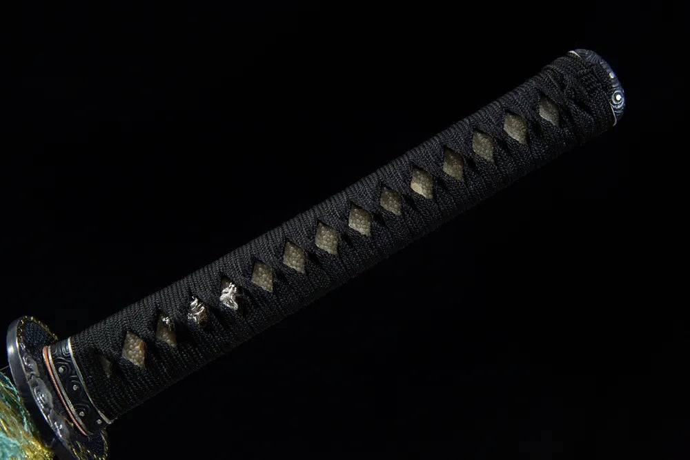 Full oval imogata tsuka front view genuine ray skin 3D double gilded dragon fuchi kashira