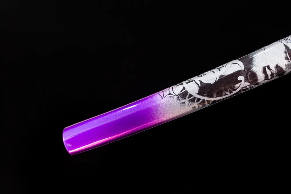 Bottom gradient‑purple‑aurora saya aged‑copper kojiri end‑cap close‑up