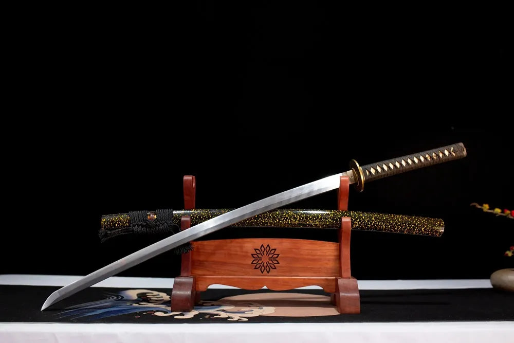 Slanted upright drawn Paper‑Cranes‑Katana origami‑wish‑blessing‑art katana wooden shelf front perspective