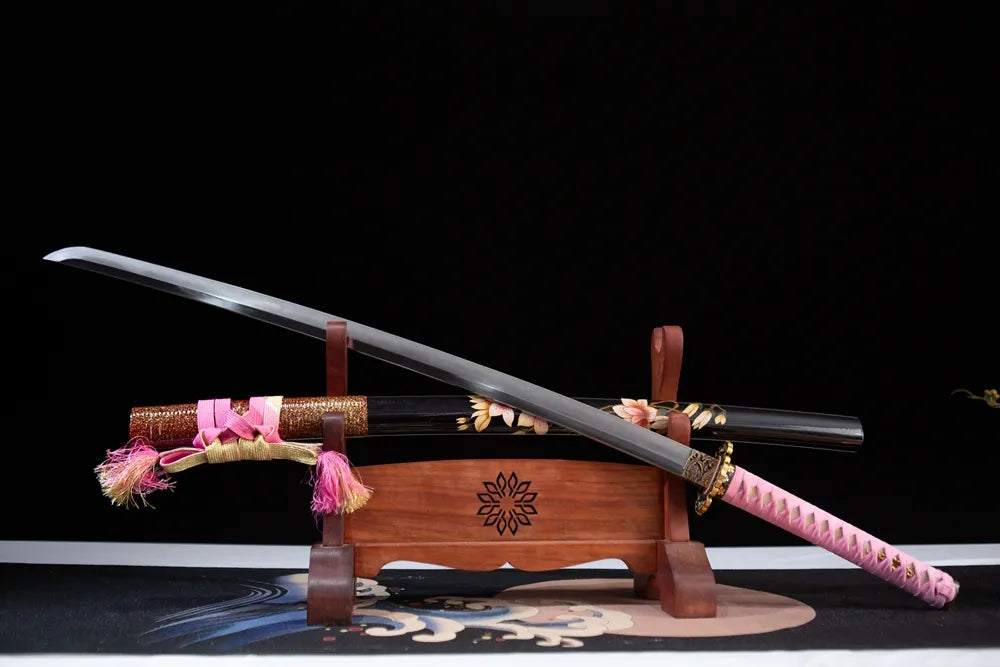 45 angle open full size pink tsuka peach blossom katana