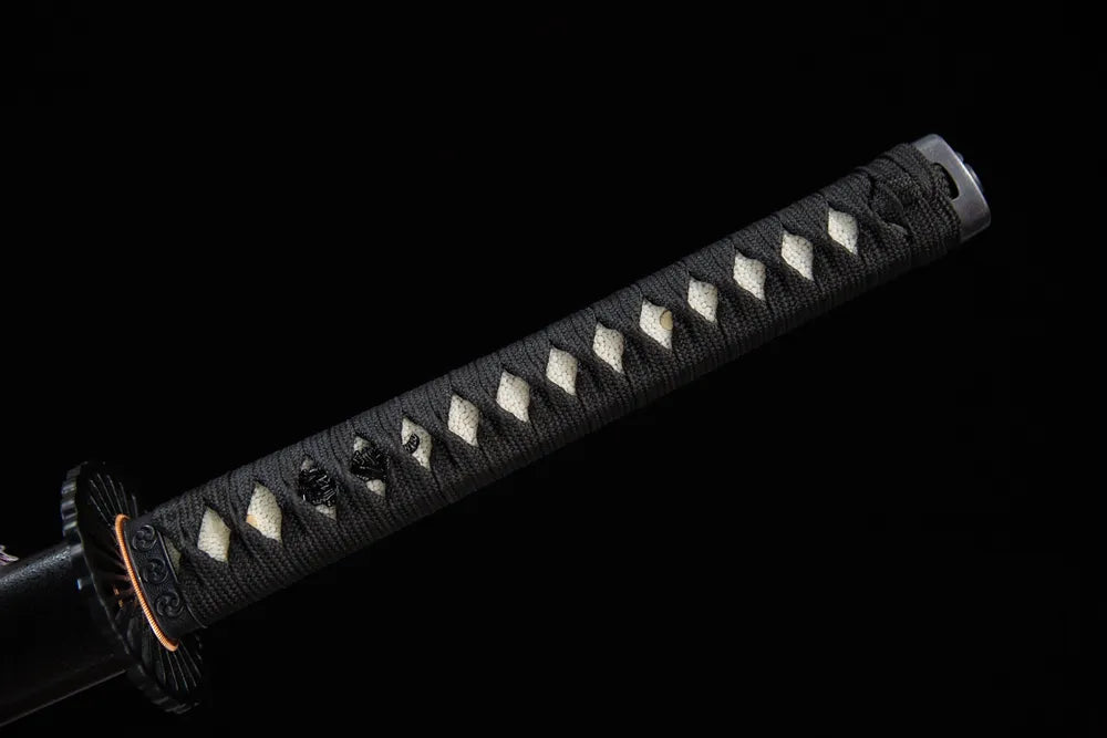 Full black woven ray skin tsuka all black iron fittings front view