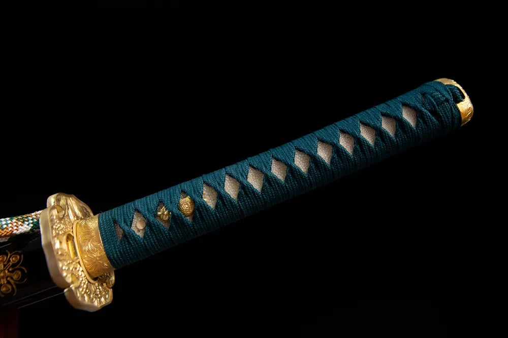 Full dark green woven tsuka golden floral fittings front shot