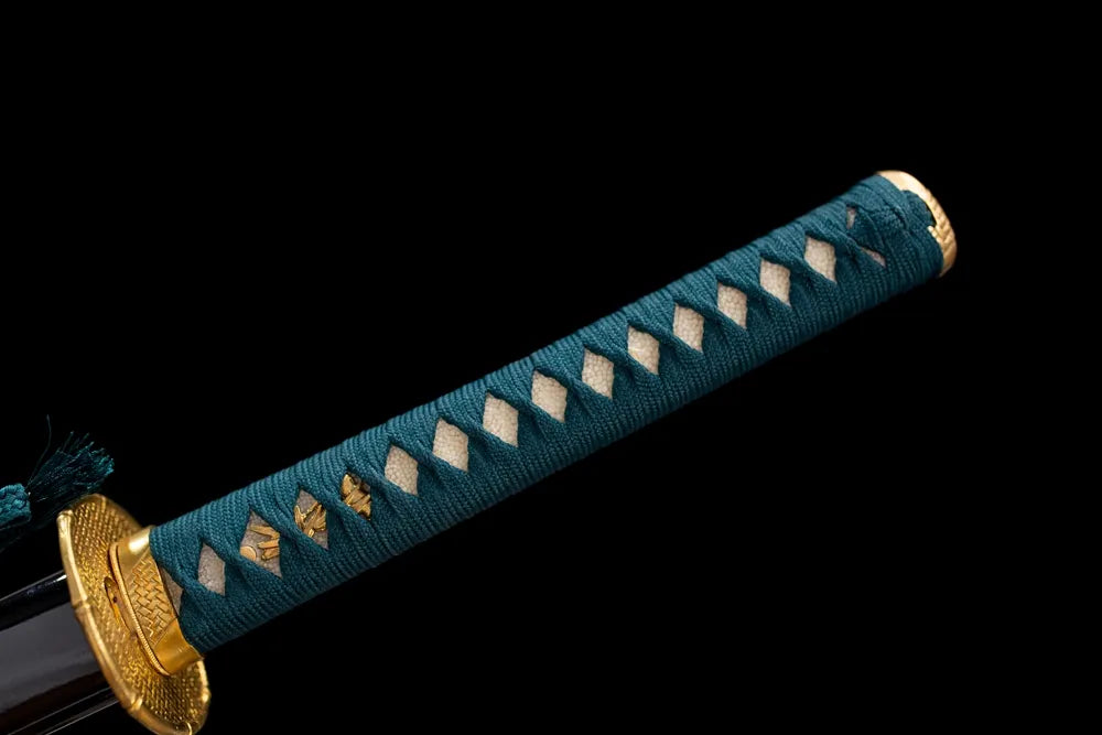 Full dark‑grey ito woven tsuka antique‑bronze cloud‑pattern fittings complete front shot