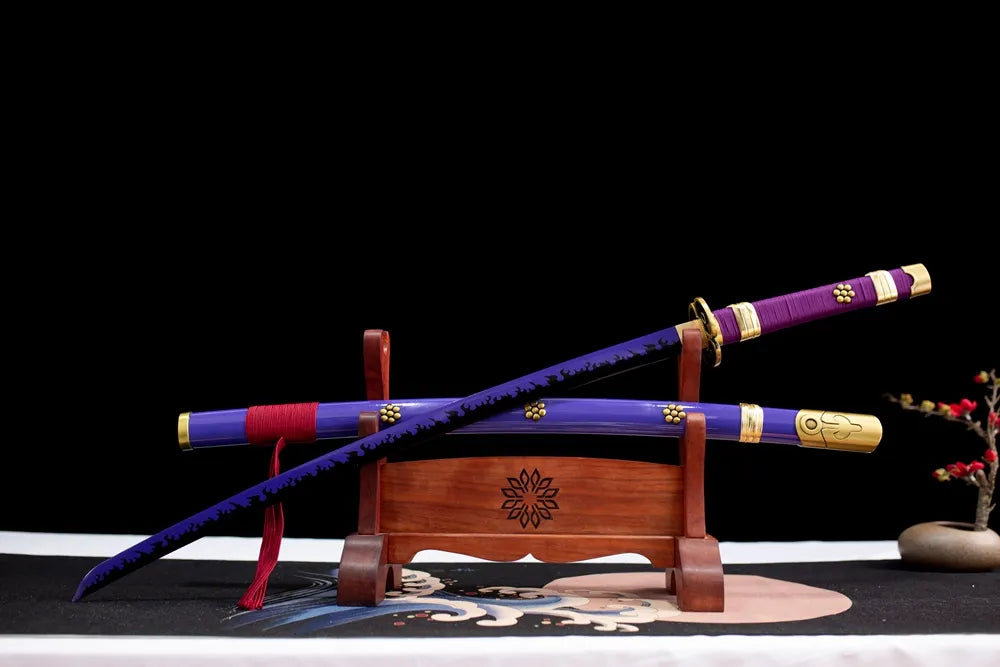 Slanted upright drawn One‑Piece Enma demon sword wooden shelf front view
