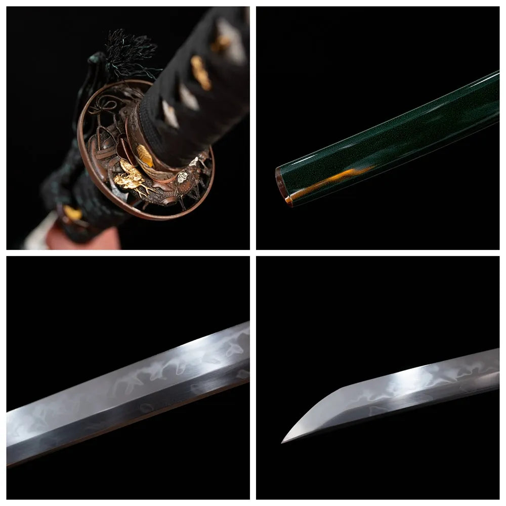 Four‑grid collage copper‑gilt‑silver‑plated armored‑warrior‑armor‑relief tsuba, black‑brown woven ito tsuka, dark‑emerald‑green faint‑armor‑pattern saya, hitatasura dragon‑claw‑tearing hamon blade close‑up details