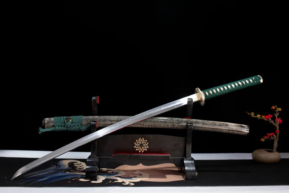 Slanted upright drawn Blooming‑Katana spring‑lush‑blossom‑art katana wooden shelf front perspective
