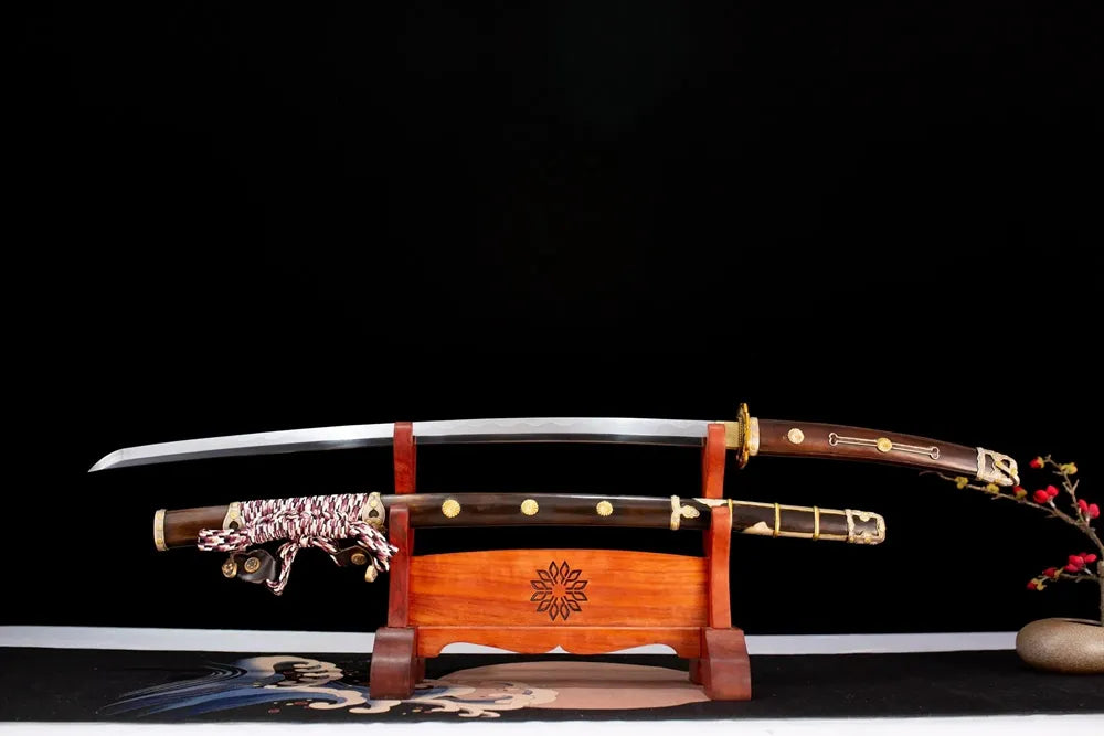 Flat fully‑drawn T10 clay‑tempered gunome‑suguha‑hamon Royal‑Chrysanthemum‑Tachi blade wooden rack front shot
