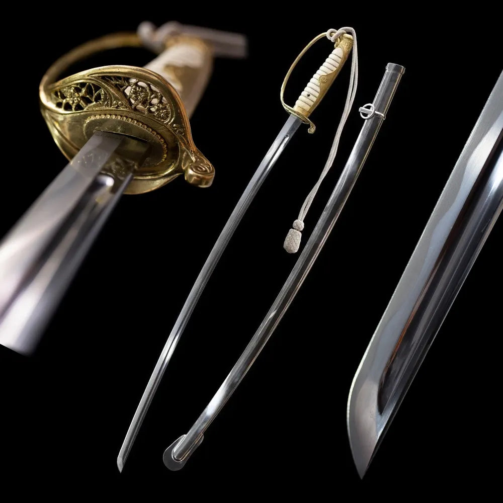Absolute‑Obedience european vintage cavalry saber drawn t10a notare hamon blade mirror‑polished metal scabbard full black‑background studio shot