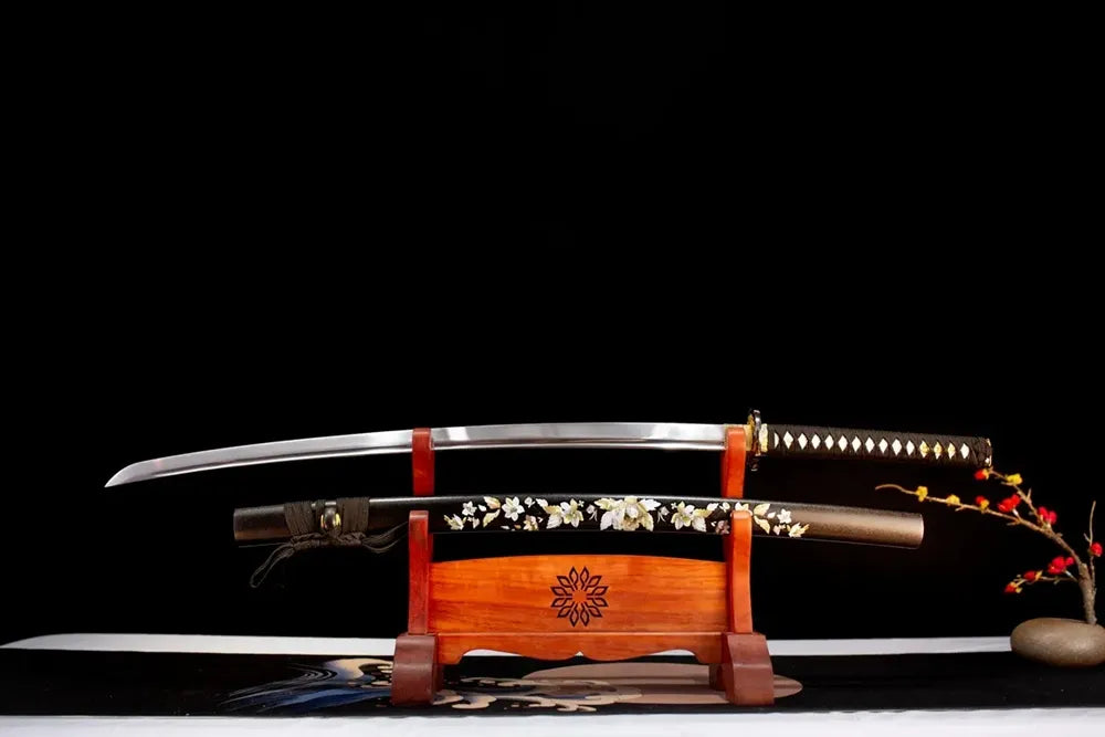 Flat fully‑drawn 1060 oil‑quenched taganeha‑polished Peony‑Katana blade wooden rack front shot