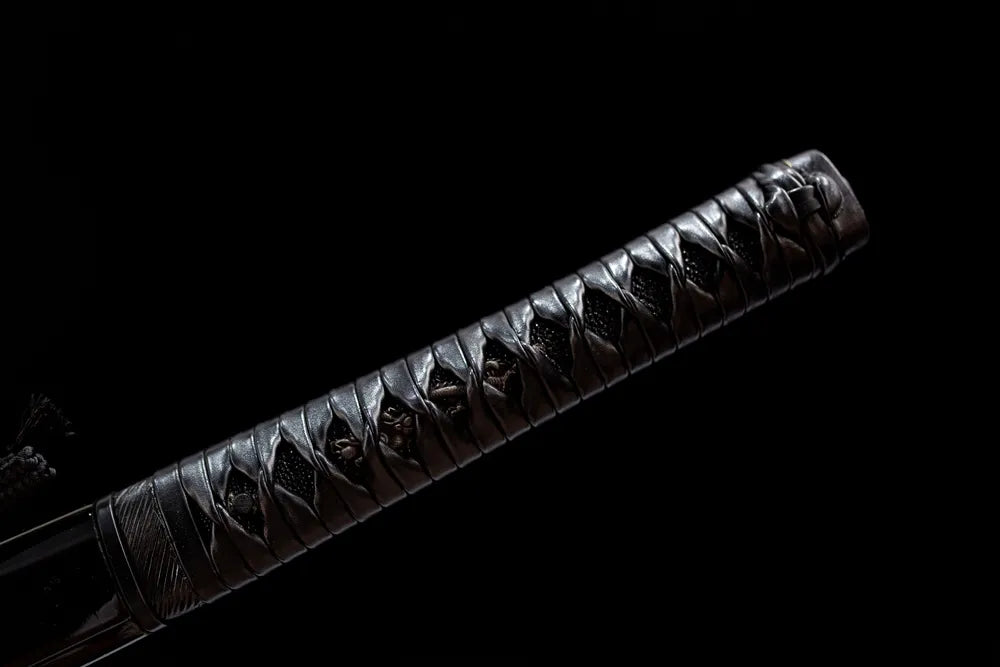 Full all black textured tsuka dragon metal fittings front full shot