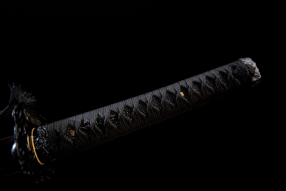 Full black woven ray skin tsuka dragon metal fittings front shot