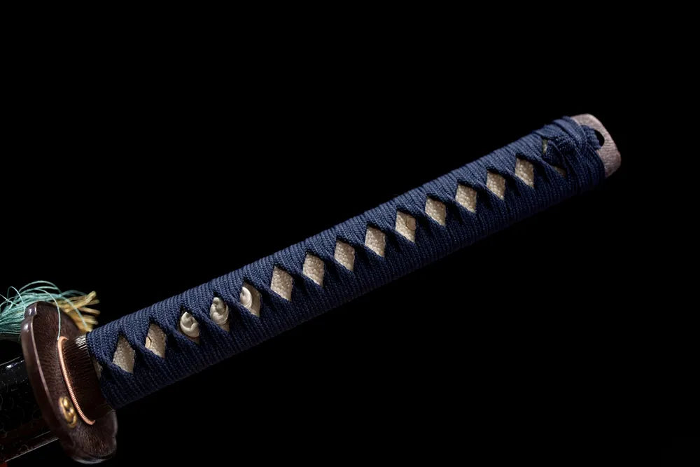 Full dark‑purple‑black ito woven tsuka star‑pattern brass fittings complete front shot