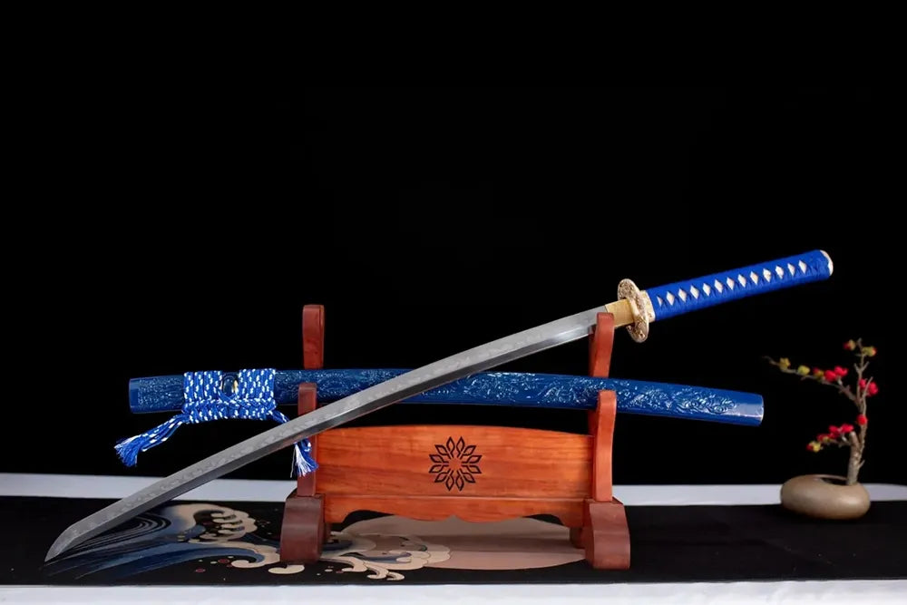 Slanted upright drawn Sea‑Dragon‑God‑Katana sea‑dragon‑deity‑deep‑myth‑art katana wooden shelf front perspective