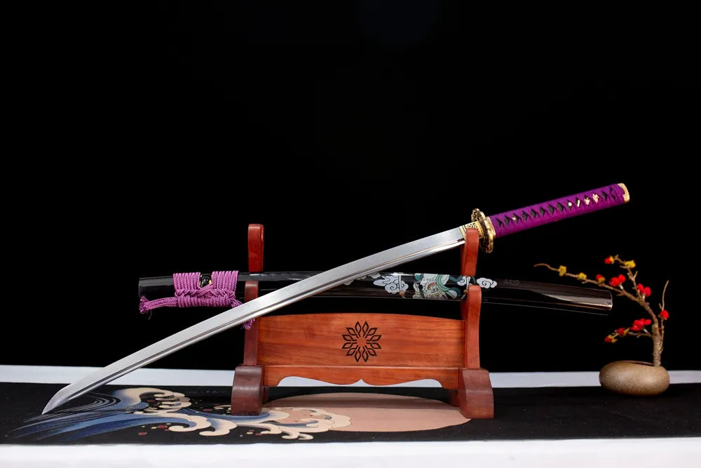 Slanted upright drawn Raijin‑Fujin‑Katana shinto‑deity‑myth katana wooden shelf front perspective