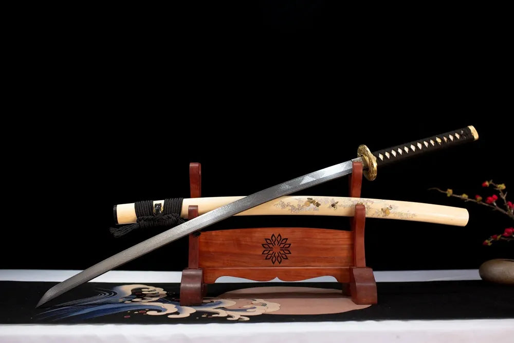 Slanted upright drawn Katana‑Bird wild‑avian‑wildlife‑art katana wooden shelf front perspective
