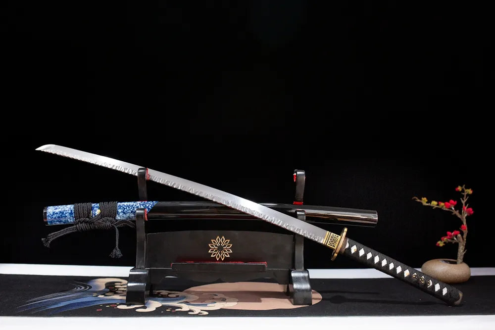 45‑angle open full‑size Comet‑Katana comet‑meteor cosmic‑astronomy‑celestial‑motif samurai katana two‑layer wooden stand front view