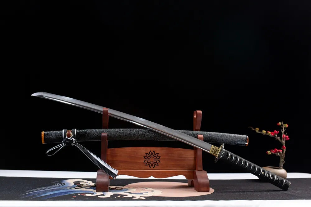 45 angle open full size wave spray warrior katana on wooden rack