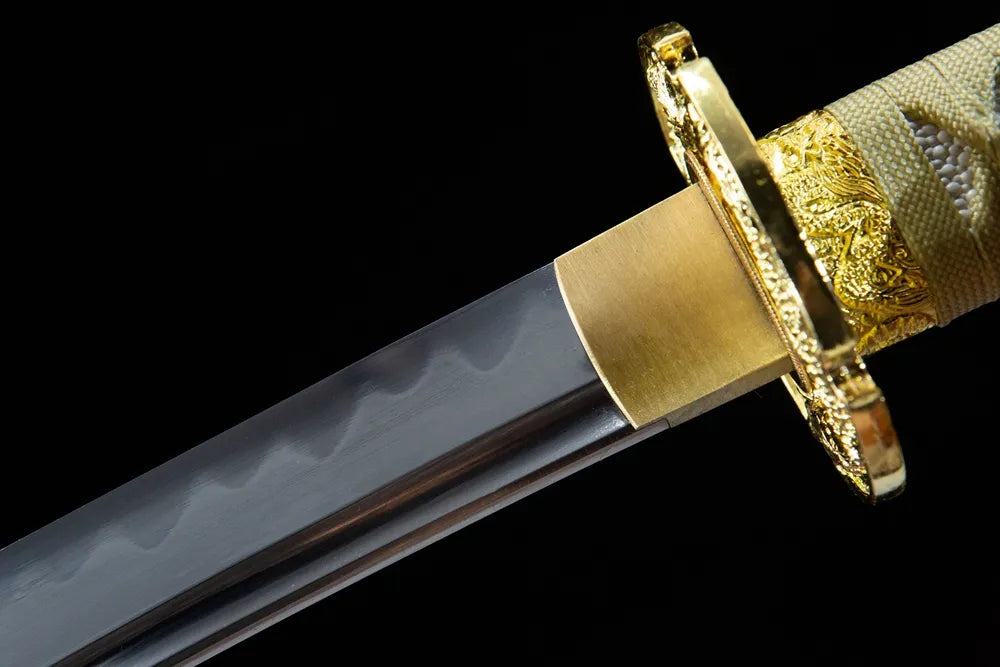 Upper long blade closeup neat continuous gunome hamon near gilded dragon copper habaki