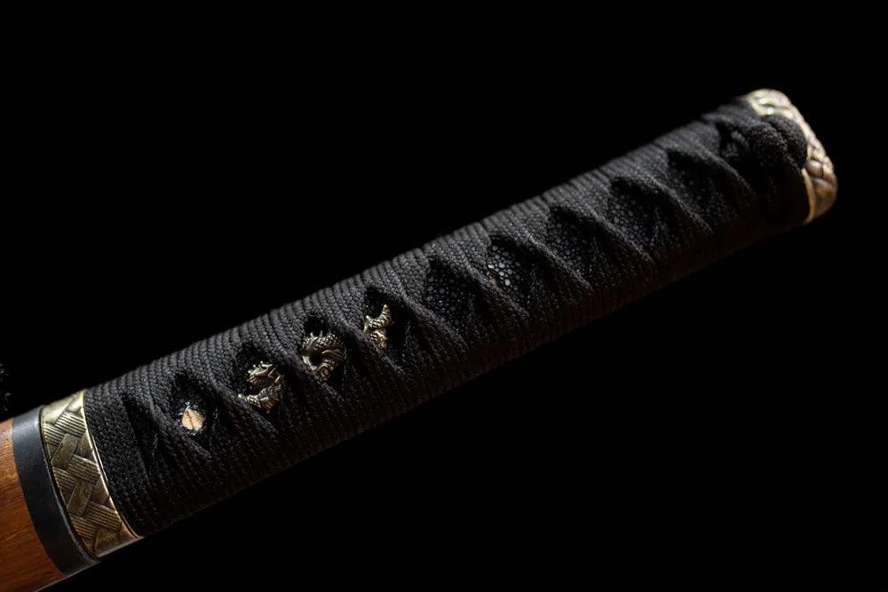 Full russet‑brown woven ito tsuka combat‑style antique‑bronze plain alloy fittings complete front shot