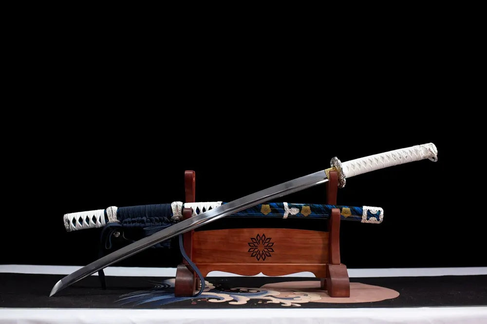 Slanted upright drawn Mitsuhide‑Akechi‑Tachi warlord‑theme tachi wooden shelf front perspective