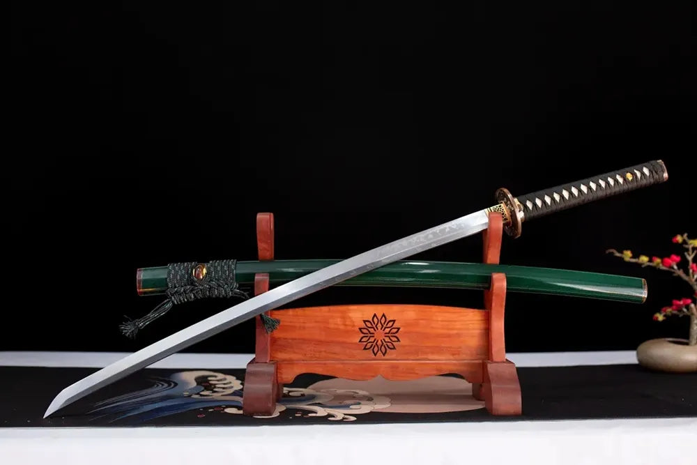 Slanted upright drawn Armored‑Warrior‑Katana armored‑warrior‑ancient‑martial‑art katana wooden shelf front perspective