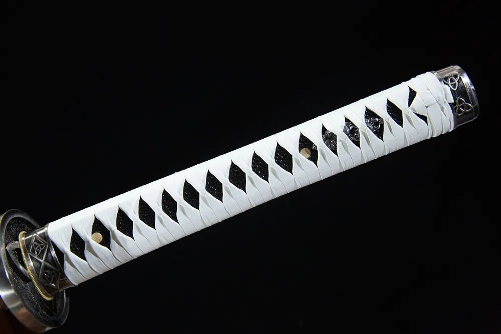 Full long vintage tsuka front view weathered black iron fuchi kashira rough wrap