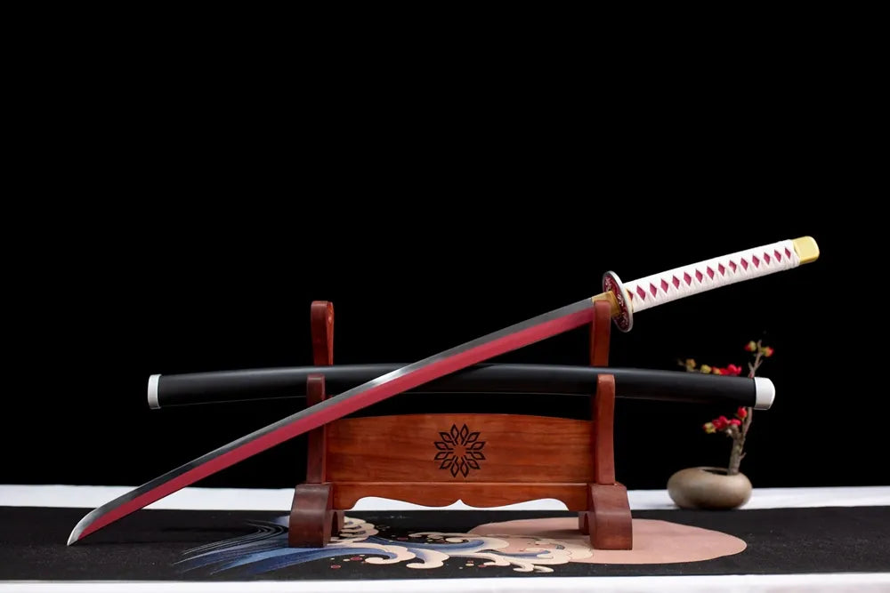 Slanted upright drawn Demon‑Slayer Tsuyuri Kanawo nichirin sword wooden shelf front view