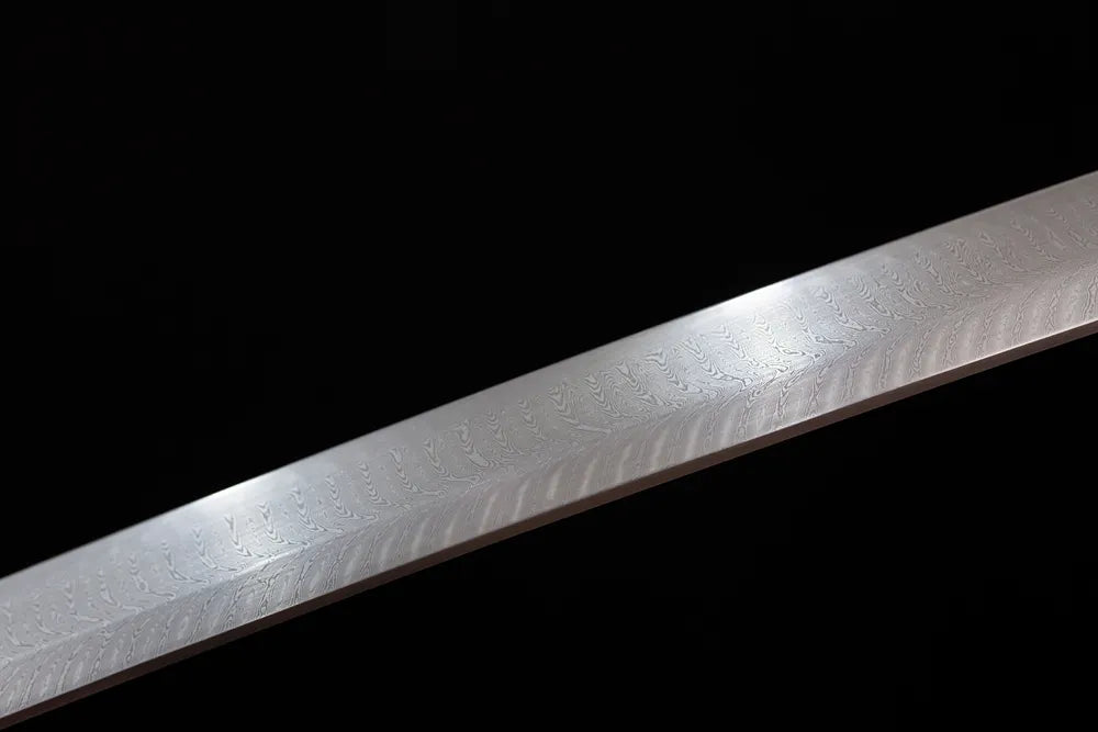 Mid‑section natural‑flow layered‑stream‑pattern hamon damascus‑steel katana blade surface close‑up shot