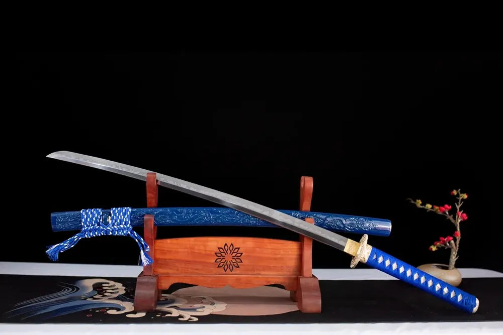 45‑angle open full‑size Sea‑Dragon‑God‑Katana sea‑dragon‑deity deep‑ocean‑myth‑legend‑motif samurai katana two‑layer wooden stand front view