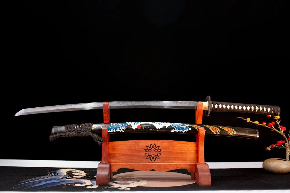 Horizontal laid closed gloss‑black hand‑painted kanagawa‑great‑wave The‑Great‑Wave‑Katana scabbard flat table‑top front display