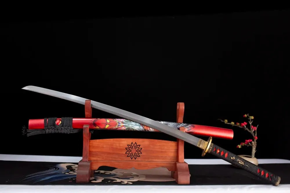 45‑angle open full‑size Prajna‑Katana prajna hannya‑demon‑myth‑eerie‑motif samurai katana two‑layer wooden stand front view