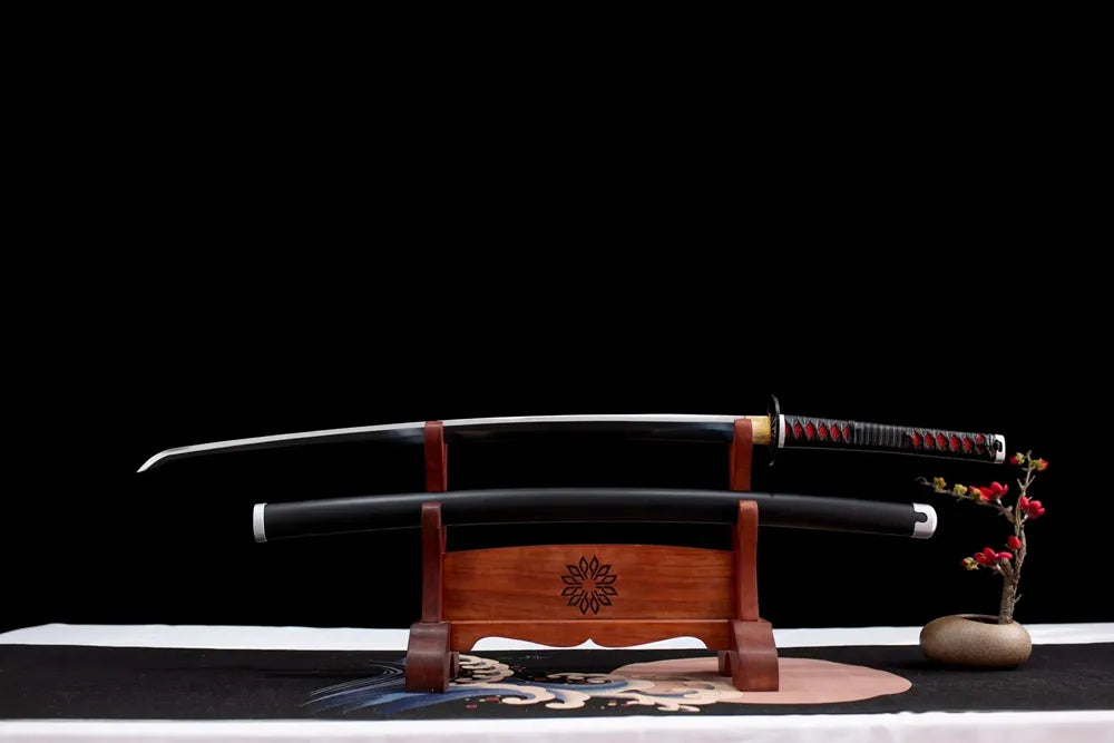 Fully drawn black 1045 steel Kamado Tanjirou nichirin blade laid flat on wooden rack front shot