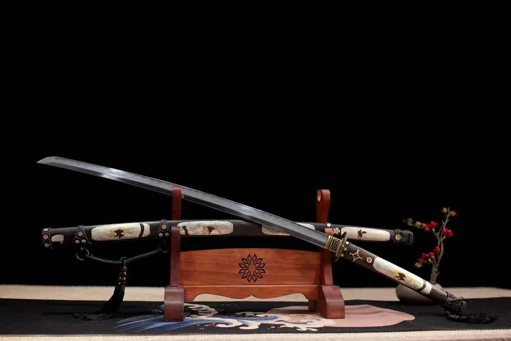 45‑angle open full‑size Mansion‑Tachi aristocratic ornate japanese tachi two‑layer wooden stand front view